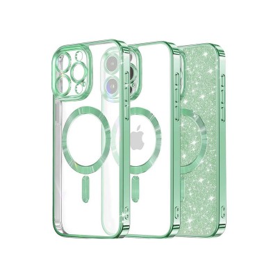 Husa iPhone 14 Pro Max, Crystal Glitter MagSafe cu Protectie La Camere, Light Green